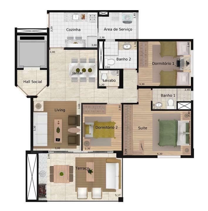 Planta opção (com living ampliado) Perspectiva ilustrada da planta do apto. de 96 M² Perspectiva ilustrada da planta do apto.