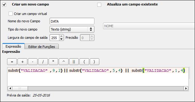 Para o formato de data 2016-05-25, vamos executar a seguinte contagem de caracteres: Caractere Posição Inicial Comprimento Fórmula 2016 1 4 substr ( VALIDACAO,1,4) -05-5 4 substr ( VALIDACAO,5,4) 25