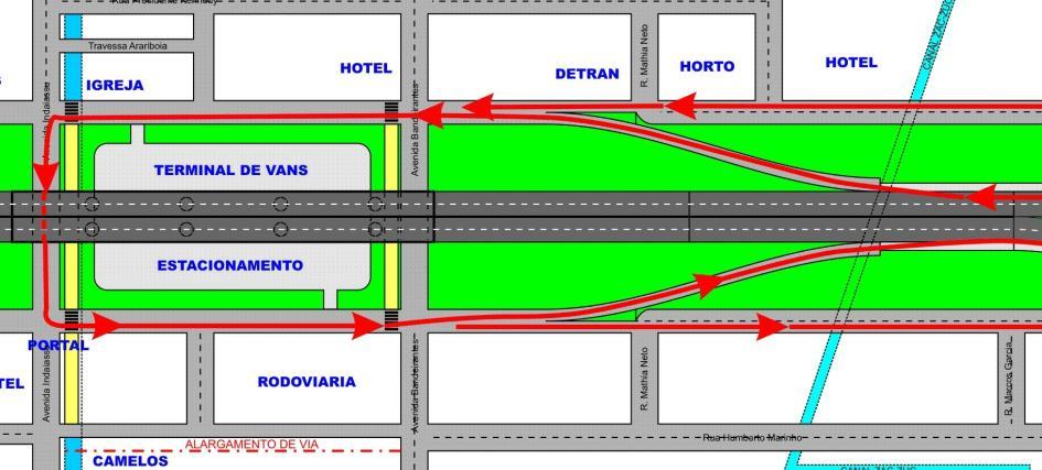 extensão da antiga pista da BR-101 ao nível das ruas laterais existentes, permitindo também acesso à RJ-142; D.