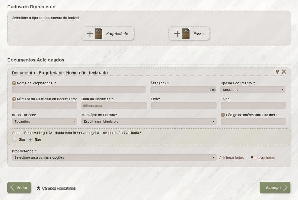 No passo Documentação é preciso clicar no ícone Adicionar Novo Documento 20 de propriedade ou posse para posteriormente preencher as informações referentes ao documento 21.