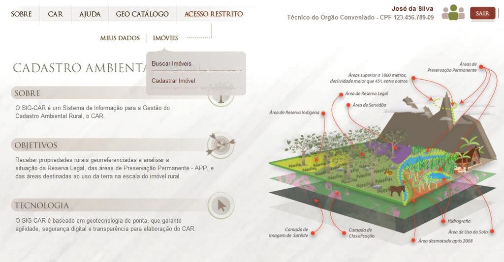 O sistema permite a pesquisa de imóveis rurais já cadastrados e que estão com o cadastro em andamento.