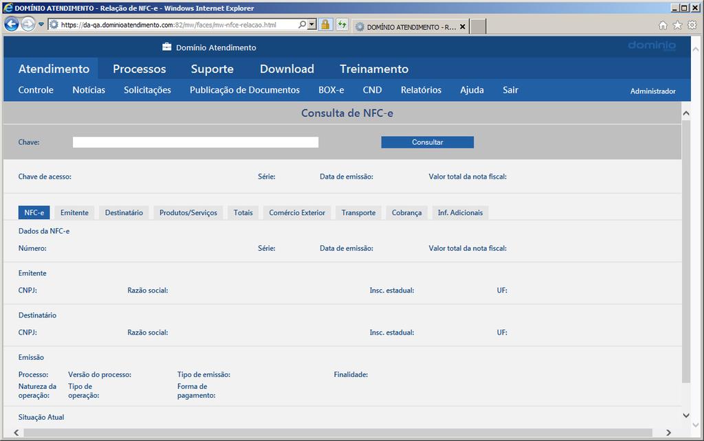 NFC-e, conforme a figura a seguir: 2. No campo Chave, informe o número da chave da nota a qual deseja consultar. 3. Clique no botão Consultar, para consultar as notas que possuem a chave informada. 4.