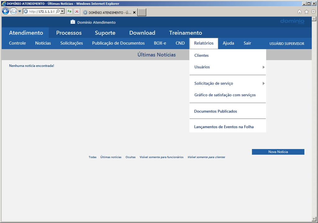 15. Relatórios Nesse menu, o supervisor do escritório ou outro usuário por ele autorizado, poderá emitir os relatórios disponíveis no módulo Domínio Atendimento. 15.1. Clientes O relatório de Clientes, lista todos os clientes que na definição dos sistemas usados por essa empresa, foi selecionado o campo Atendimento.