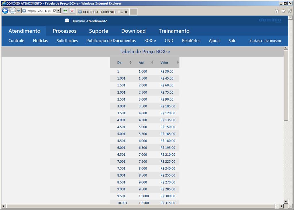 O submenu Tabela de Preço BOX-e será apresentado somente para os clientes que possuírem o contrato com formato de cobrança antigo vigente.