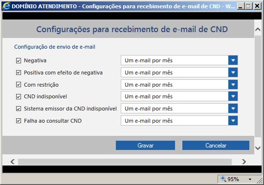 No quadro Configuração de envio de e-mail, selecione a opção: Negativa, para que seja enviado e-mail com a relação de certidões negativas emitidas, o no campo ao lado selecione a opção informado que