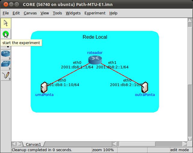 2. Inicie o CORE e abra o arquivo Path MTU E1.imn localizado no diretório do desktop Funcionalidades/PathMTU, da máquina virtual do NIC.br. A seguinte topologia inicial deve aparecer: 3.