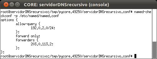 O resultado deve ser: 6. Caso o passo anterior não tenha apresentado erros de execução, inicie o processo do BIND através do seguinte comando: # named c /etc/named/named.conf O resultado deve ser: 7.