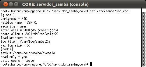 a. Configure o servidor samba para aceitar requisições via rede IPv6. Para isso, utilize o editor de texto nano para modificar o arquivo /etc/samba/smb.conf : # nano /etc/samba/smb.