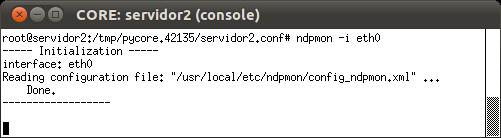 b. Espere até que o CORE termine a inicialização da simulação e abra o terminal um terminal no atacante. Execute o programa dos new ip6: $ dos new ip6 eth0 16.