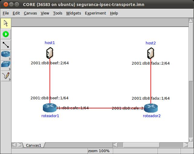 4. Inicie o CORE e abra o arquivo seguranca ipsec transporte.imn localizado no diretório do desktop Segurança/IPsec.