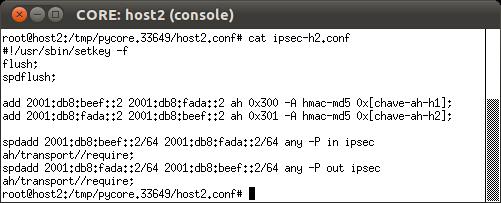 Imprima o conteúdo do arquivo: $ cat ipsec h2.conf Preste atenção para as diferenças entre este arquivo e o arquivo ipsec h1.conf. As únicas diferenças são o sentido de comunicação in/out explicitado nas políticas de comunicação.