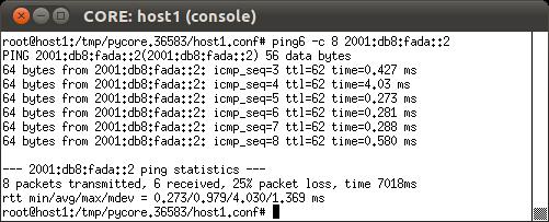 b. No terminal do host1: $ ping6 c 8 2001:db8:fada::2 Desta vez, enviamos 8 pings em vez do número usal de 4 pings para que você perceba bem o fato de que os primeiros pacotes de ping foram perdidos.