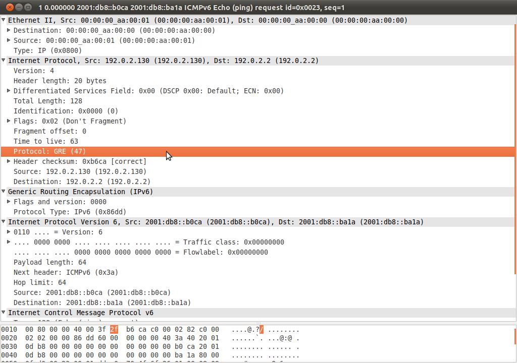 observar: Note que as versões mais atuais do Wireshark são inteligentes o suficiente para mostrar os pacotes como do tipo ICMPv6, mesmo eles estando encapsulados em pacotes IPv4, utilizando GRE.