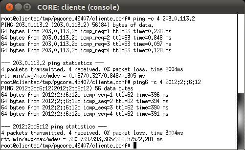 c. Verifique o tempo total de ida e volta entre o cliente e o servidor pilha dupla através do seguinte comando: # ping c 4 203.0.113.