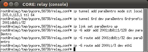O resultado deve ser: O relay possui conectividade IPv4 e IPv6 para a Internet, aqui representada pelo nó externo, enquanto a rede interna está devidamente configurada somente para o uso de IPv4.