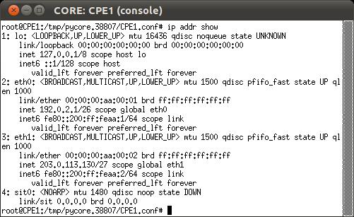 g. Abra o terminal de CPE1, através do duplo clique e verifique a configuração através do comando: # ip addr show O resultado deve ser: Pode observar se que, no contexto do IPv6, há somente os