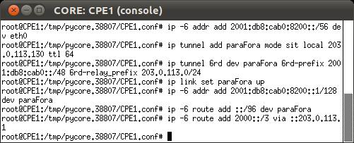 b. Abra o terminal de CPE1 através do duplo clique e utilize os seguintes comandos para a configuração: # ip 6 addr add 2001:db8:cab0:8200::/56 dev eth0 # ip tunnel add parafora mode sit local 203.0.113.