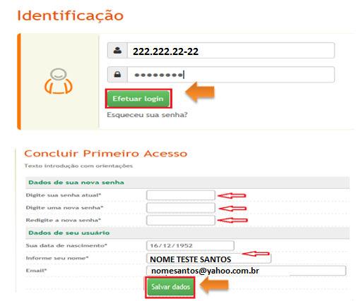 7 Após, cadastrar o login (CPF) e a senha temporária recebida via e-mail na página da identificação e clicar em Efetuar