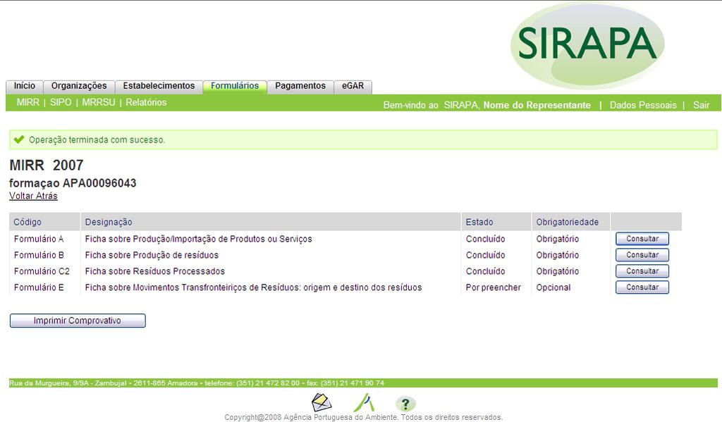 Para cumprir a obrigação de registo em cada ano é necessário submeter o MIRR, através do botão Submeter.