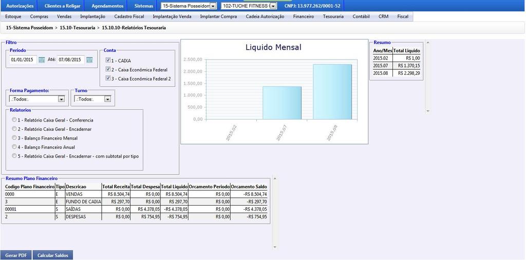 Relatórios Tesouraria O usuário poderá