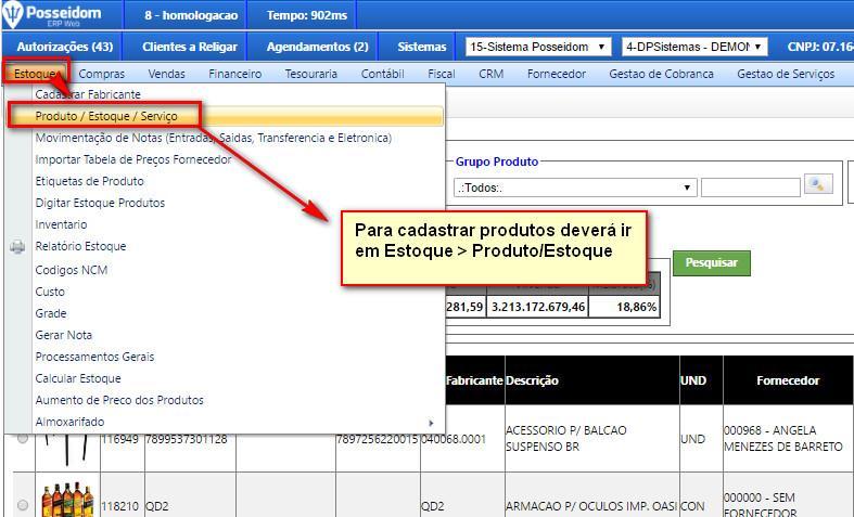 Acessar cadastro de produtos Acessando esta opção no sistema, o usuário terá a possibilidade de incluir os dados necessários para os produtos contendo as abas de Dados, Detalhes NFe, Cst (Código de