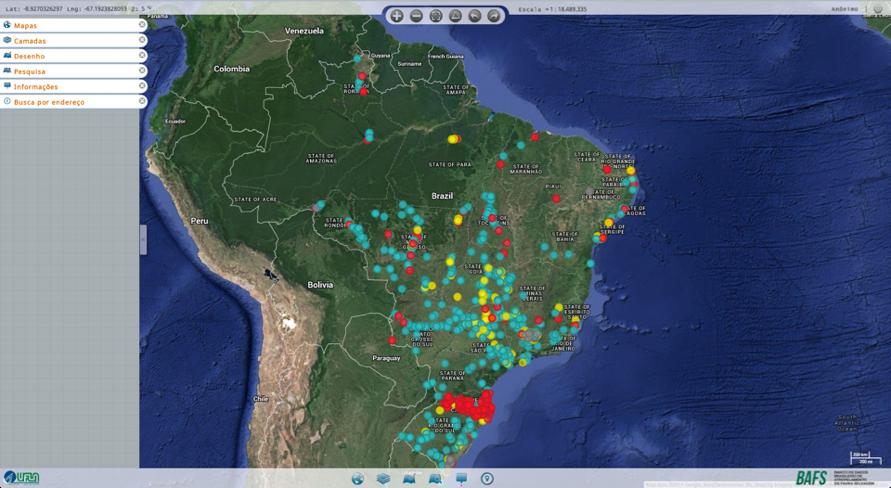 VISUALIZANDO DADOS Acessando o Urubu Map, o usuário poderá visualizar os seus dados e todos os dados públicos enviados ao Sistema via Urubu Mobile. Abaixo há a visualização inicial do mapa.