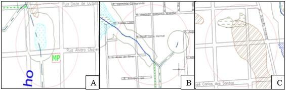 Figura 1 - (1A) APP do Arroio Moinho parcialmente canalizado localizada no centro da cidade, Rua Álvaro Chaves entre as Ruas Tiradentes e 24 de Fevereiro; (1B) APP de afluente do Arroio Espinho no