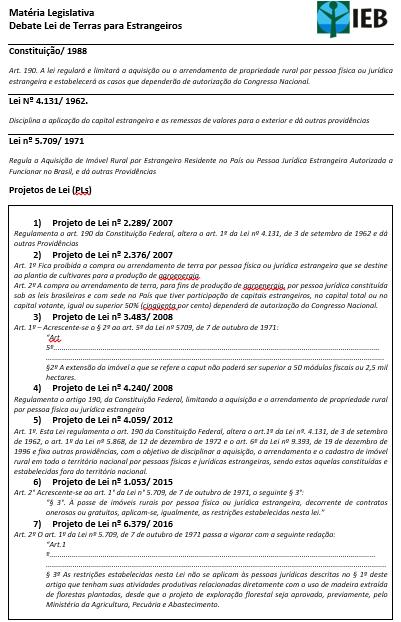 Histórico Legislativo - Terras para Estrangeiros - Resumo Proposituras