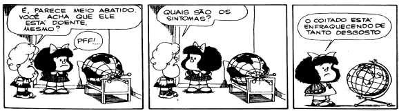 b) LEIA a tirinha. TEXTO IV Fonte: Toda Mafalda Quino. Com tantos maltratos, o mundo está ficando triste e até doente. Se ele pudesse pedir socorro, o que ele diria?