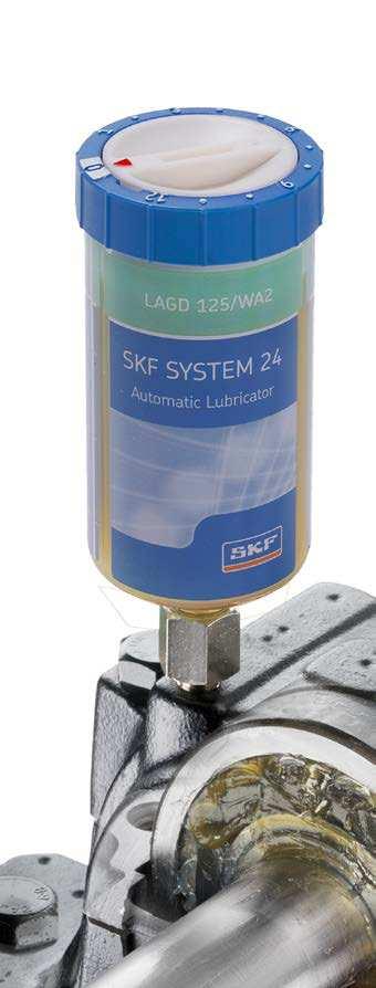 SKF SYSTEM 24 Lubrificantes automáticos por ponto único acionados a gás Série SKF LAGD As unidades estão prontas para uso direto da caixa e acompanham uma ampla variedade de lubrificantes SKF de alto