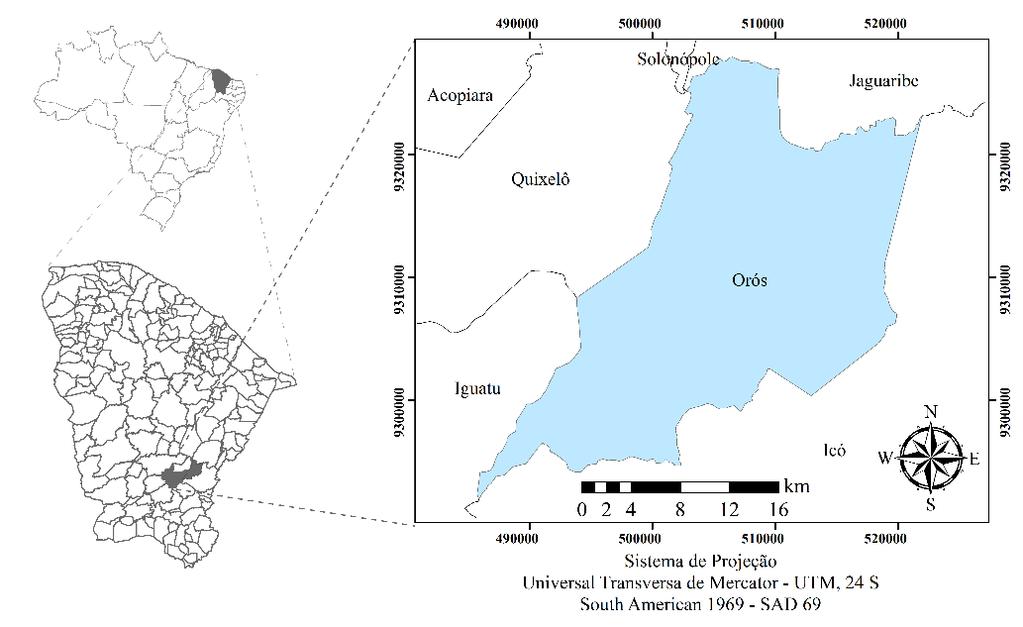 Figura 1 Localização do município de Orós, Ceará O município caracteriza-se pela agricultura de subsídio, tendo como principais culturas cultivadas: milho, arroz, feijão e pastagem para criação de