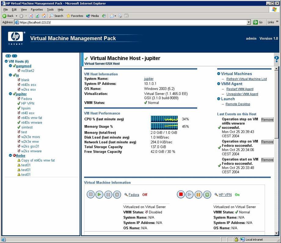 HP ProLiant Essentials Virtual Machine Management Pack Extends HP Systems Insight Manager to manage VMs Associates VMs to Host Server Heterogeneous VM control VMware & Microsoft VMs VM control