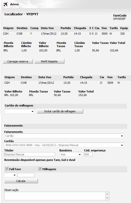 Perfil do Viajante: Permite ao consultor inserir informações sobre esse viajante, bem como incluir cartão de milhagens.