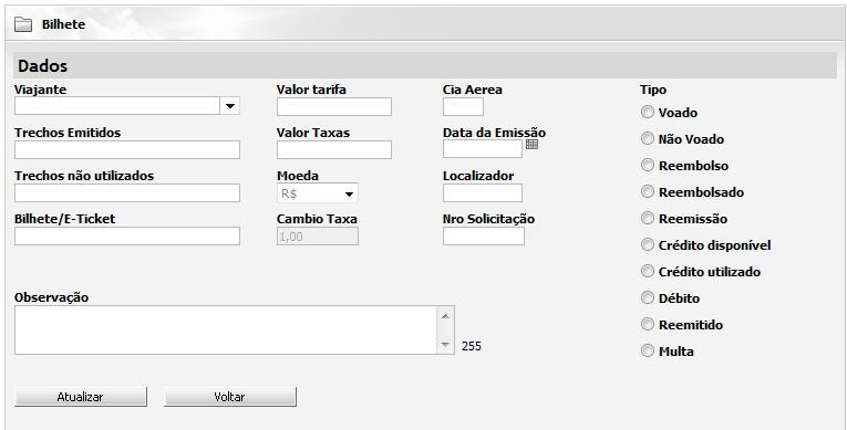 27.1.1. Cadastrar bilhetes ativos Permite ao consultor inserir um bilhete (emitido no TMS) e que ainda não ocorreu o no show, para utilização como crédito em outro bilhete para o mesmo passageiro.