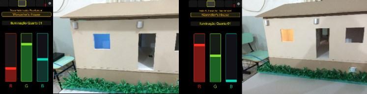 Com um efeito similar ao efeito de dimerização, a iluminação do quarto 01 simula uma iluminação RGB sendo controlada pelo aplicativo, onde através de três fader s disponíveis no módulo responsável