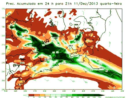 A figura 5 mostra a distribuição espacial de umidade relativa em 900 hpa e de vento a 10 metros.