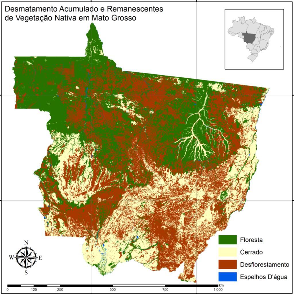 Desmatamento Áreas em milhões de hectares Categorias Área total Floresta Desmatamento Até 2001 2002-2008 Após 2008 Acumulado até 2012 Área total Cerrado Desmatamento Até 2001 2002-2008 Após 2008