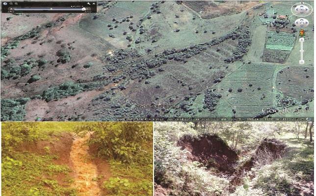 Uso e Cobertura do Solo na Fazenda Varjão Imagem de satélite (2013) e fotografias que demonstram concentração do fluxo e ocorrência de processos erosivos acelerados.