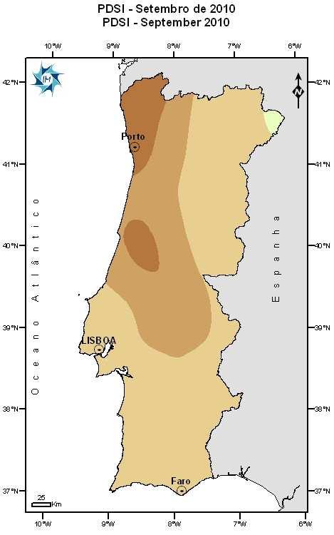 Figura 4 - Em cima: Desvios da precipitação em relação a 1971-2000 entre Maio e Outubro de 2010 em Portugal Continental.