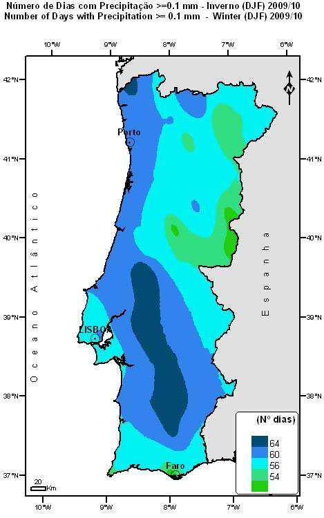 Também o número de dias com precipitação foi muito elevado em todo o Continente, muito superior ao valor médio e nalguns casos foi mesmo o Inverno com maior número de dias de precipitação desde a