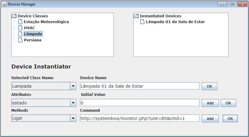 automação, em que é possível observar os campos utilizados para instanciação e criação dos dispositivos lógicos. 119 Figura 4.23 Interface de gerenciamento dos dispositivos de automação.