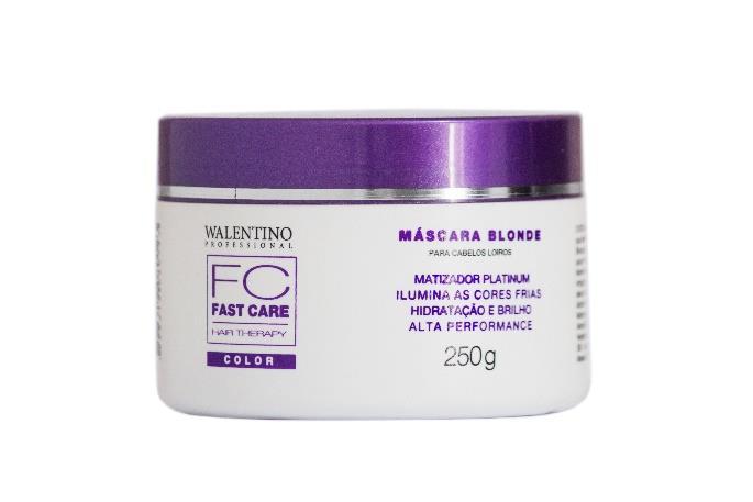 FC - FAST CARE COLOR - MÁSCARA BLONDE 500g e 250g O FC Color Mascara Blonde promove uma hidratação ao cabelo, com matéria primas essenciais de cor violeta de alta performance, que ativamente iluminam