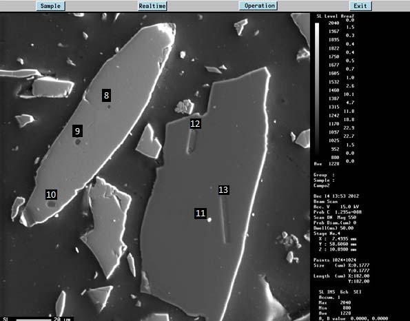 3.2 Identificação dos Cristais de Hematita e de Quartzo em Microssonda Os estudos mostram que os cristais de hematitas apresentaram inclusões de quartzo e outros silicatos.