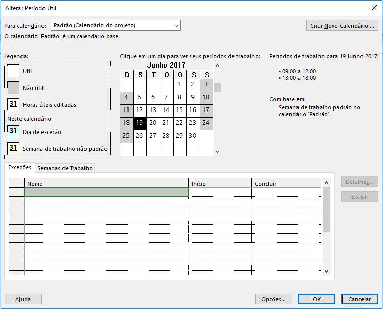 Criando um cronograma passo a passo Antes de iniciar a criação do cronograma, devem-se configurar as opções do calendário (configurar os dias úteis, os dias não úteis, feriados e o horário padrão de