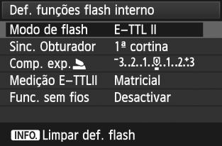 O procedimento de definição é o mesmo quando especifica uma função de menu da câmara. Seleccione [Controlo do flash]. No separador [1], seleccione [Controlo do flash] e carregue em <0>.