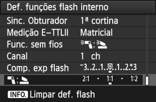 sem fios]. Siga o passo 5 na página 141 para seleccionar [0:3] para [Func. sem fios] e carregue em <0>. Defina a relação do flash pretendida e dispare.