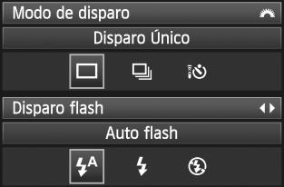 C Fotografar Criativo Auto (3) Modo de disparo/disparo do flash Se carregar em <0>, aparecem os ecrãs de definição do modo de disparo e de disparo do flash.