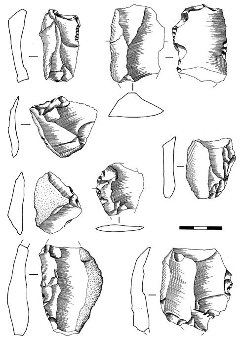 Fig. 7 Lascas semi-corticais e brutas. Em cima ES.295 e ES.168. A meio, no topo, ES.248, ES.155, ES.175, ES.176.