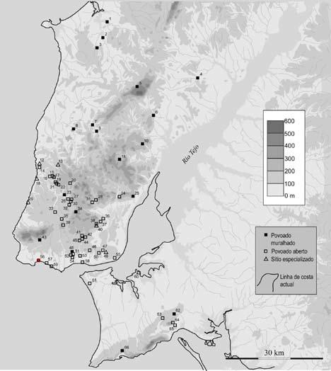 Fig. 31 Principais sítios de povoamento de finais do 4.º e 3.º milénio nas Penínsulas de Lisboa e Setúbal. Sítios escavados ou com significativos dados de caracterização.
