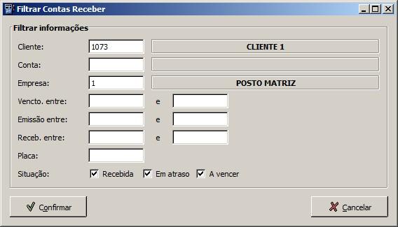 Esta tela possui os filtros: Cliente: informar o cliente; Conta: informar a conta; Empresa: informar a empresa; Vencto.